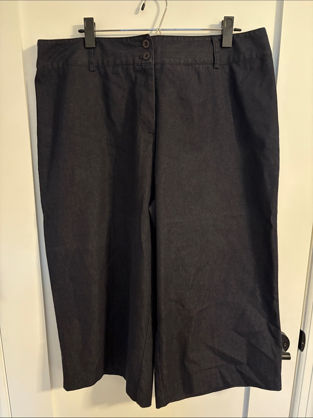 Dark blue very lightweight denim with stretch wide leg capris. 18W plus.